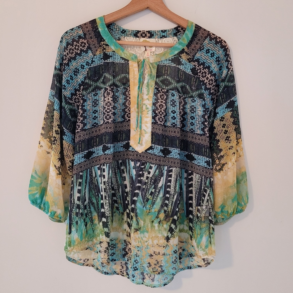 Fig and Flower Top Boho Peasant Tunic Whimsical lace back Multicolor Cottagecore